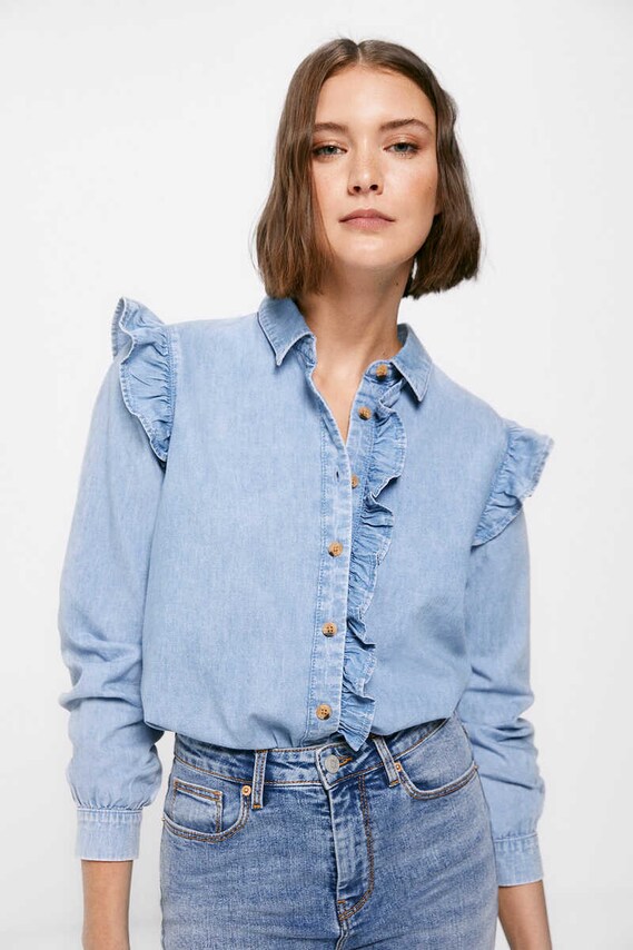 Sustainable wash flounced denim shirt in steel blue