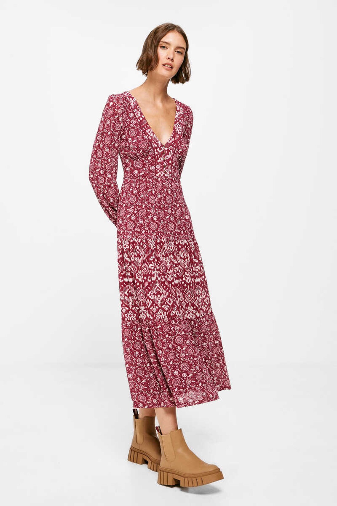 Printed Panel Midi Dress in strawberry