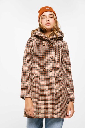 Checked wool coat with hood in tan