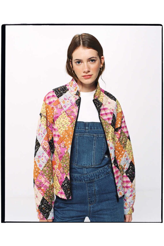 Patchwork Print Bomber Jacket in deep red